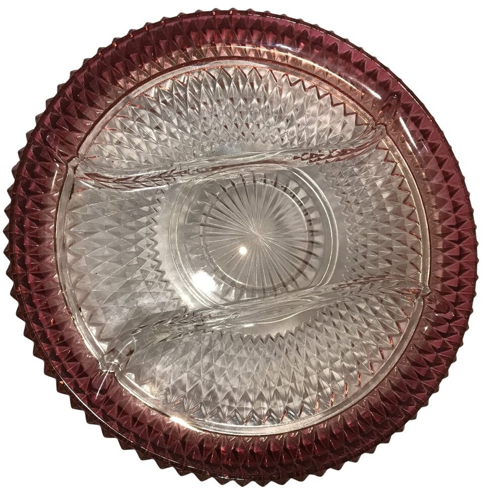 Indiana Glass Relish Tray Diamond Cut Divided Ruby Rim 3 Sections 12" Vintage